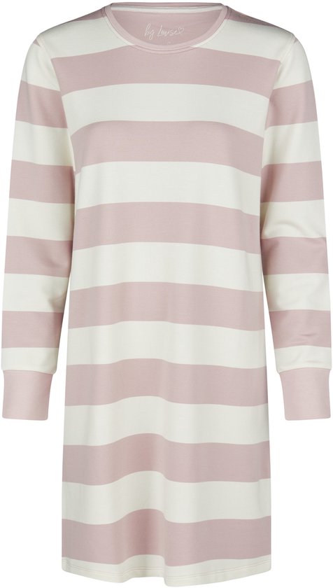 By Louise Dames Lounge Nachthemd Lange Mouw Sweatstof Roze/Wit Gestreept - Maat XL