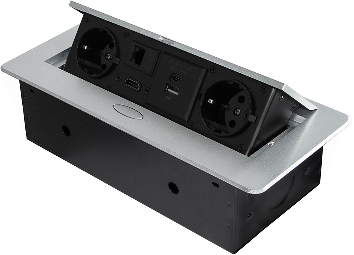 Emuca Multiconnector Atom 26, 225x111mm, 2 Schuko stekkers, 1 USB Type A, 1 USB Type C, 1 RJ45, 1 HD