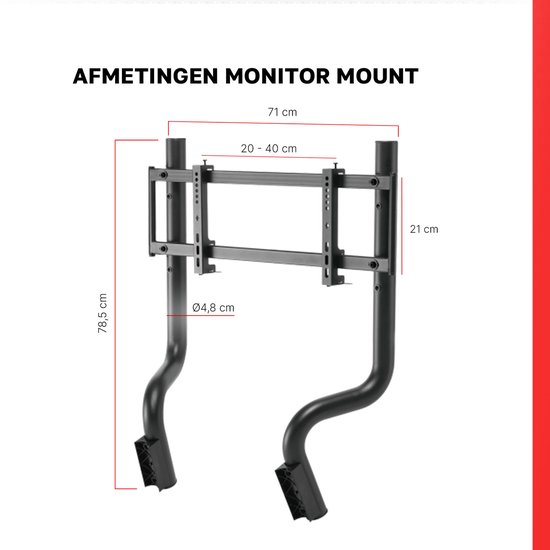 Zwarte monitorsteun voor racecockpit, 78,5 cm hoog, 71 cm breed, geschikt voor 20-40 cm schermen.