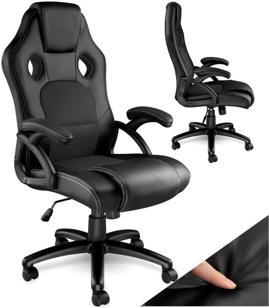 tectake® Racing bureaustoel - Gamingstoel met schommelfunctie - Ergonomische directiestoel - In hoogte verstelbare, draaibare stoel met wielen - PC-Stoel - Gamestoel - Maximale belasting 120 KG - Afmeting (LxBxH) 65x66x111,5 cm-121,5 cm - Zwart/zwart