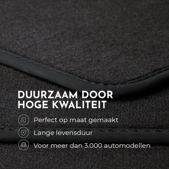 Detail van de zwarte auto mat, met grijze bies en tekst.