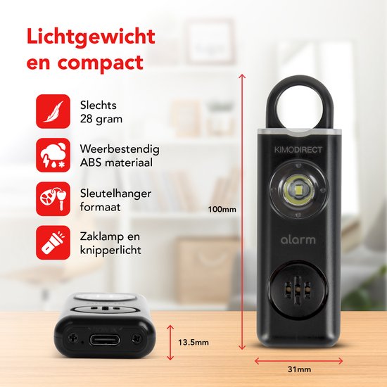 KIMO DIRECT Persoonlijk Alarm - Met Karabijnhaak - Alarm Sleutelhanger - Zelfverdediging - 130dB - Zwart