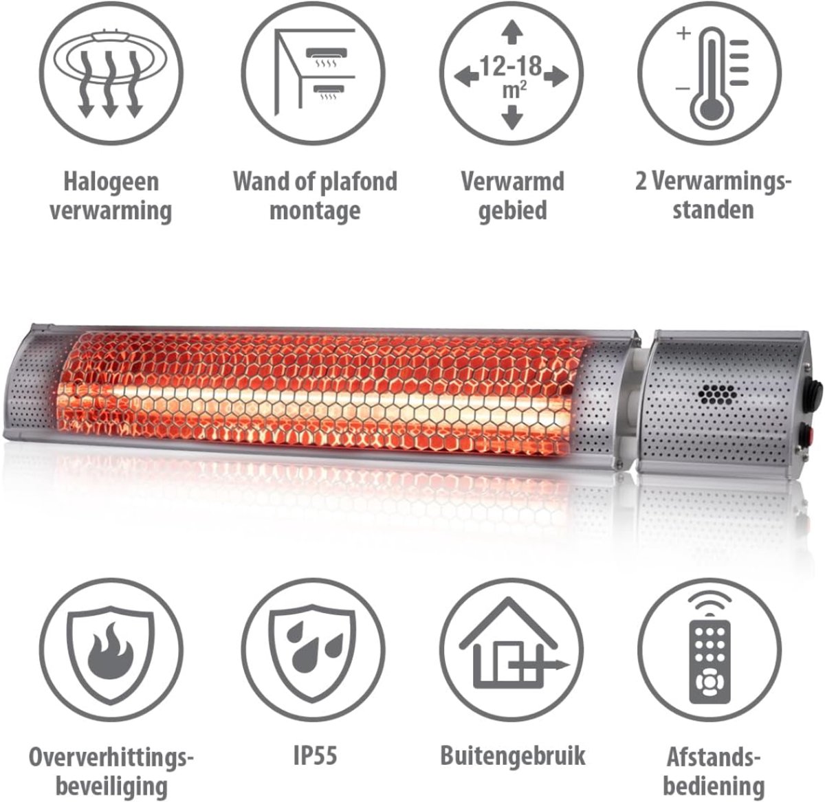 VH Supplies® Terrasverwarmer Elektrisch - Infrarood Verwarming - Heater voor Buiten - 2000W - 2 Standen - 68B x 10H x 7D cm – foto 2