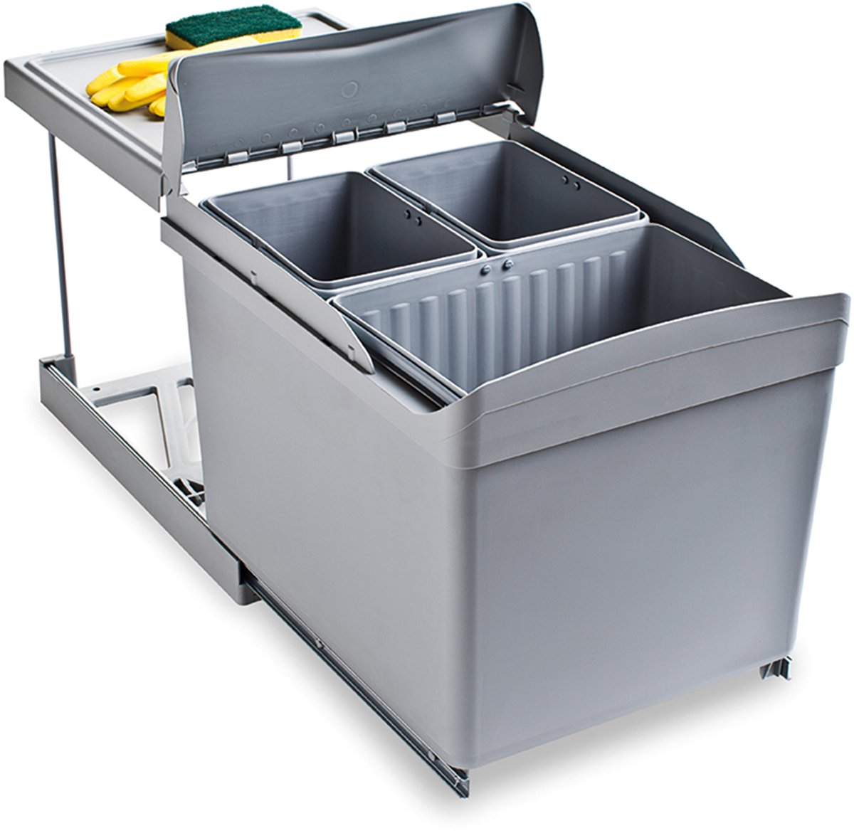 Emuca Recyclingbak voor bodembevestiging en automatische uitschuifbaar in keukenkastje 1x16liter 2x7,5liter, Grijs Plastic