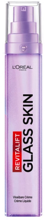 Paarse verstuiverfles L'Oréal Paris Revitalift Glass Skin met verticale tekst.