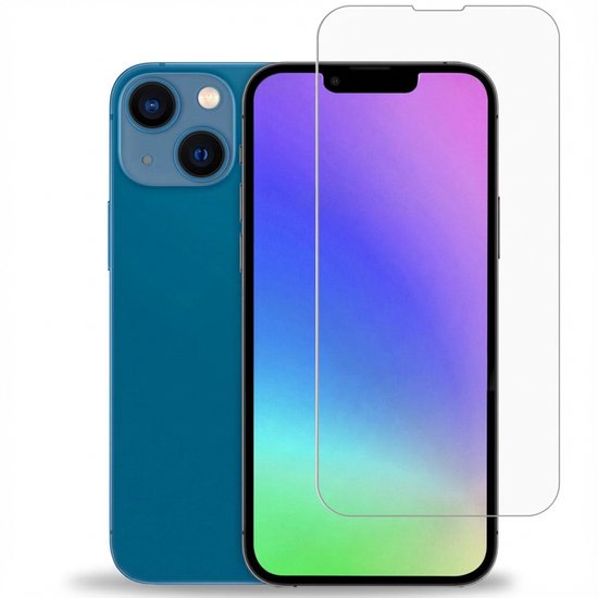 Un smartphone bleu avec double appareil photo à côté d'un protecteur d'écran.