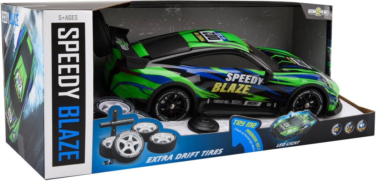 Gear2Play Speedy Blaze RC Auto 1:16 – Drift Auto met Licht & Geluid – Inclusief Oplaadbare batterij en extra set Banden — afbeelding 3