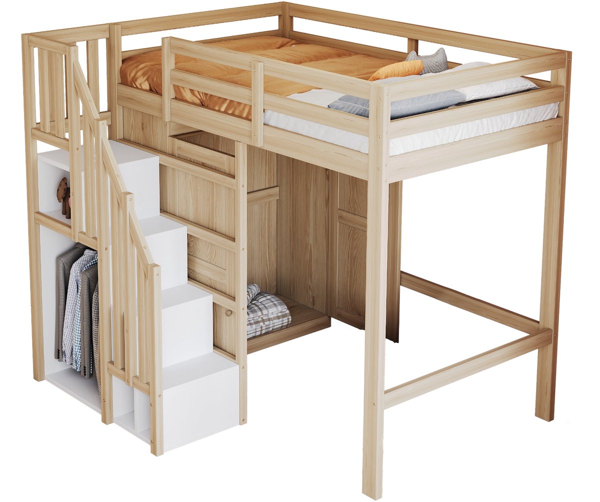 Merax Hoogslaper 90x200 cm - Met opbergtrap en veiligheidsleuning - Met kledingkast en open hanggedeelte - Massief grenenhout - Naturel houtkleur - Zonder matras