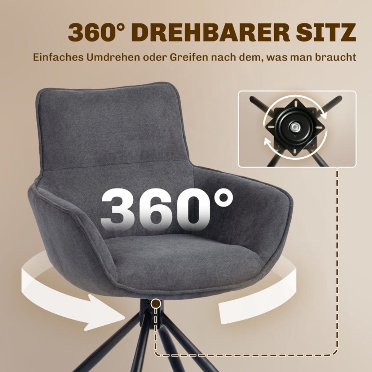 Merax Draaibare Eetkamerstoelen Set van 2 – Gestoffeerde Stoelen met Armleuningen – Comfortabele Fluweel Look – Metalen Onderstel – Donkergrijs