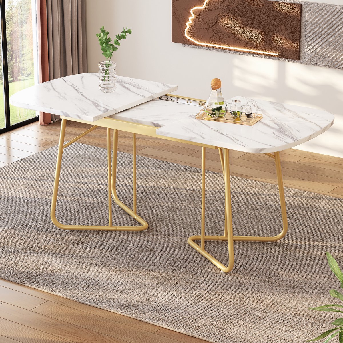 STILVORA Eettafel - Uitbreidbare Tafel Met Marmerstructuur En Goudkleurige Metalen Poten Voor 4-6 Personen - MDF - 140/180x80 Cm - Wit