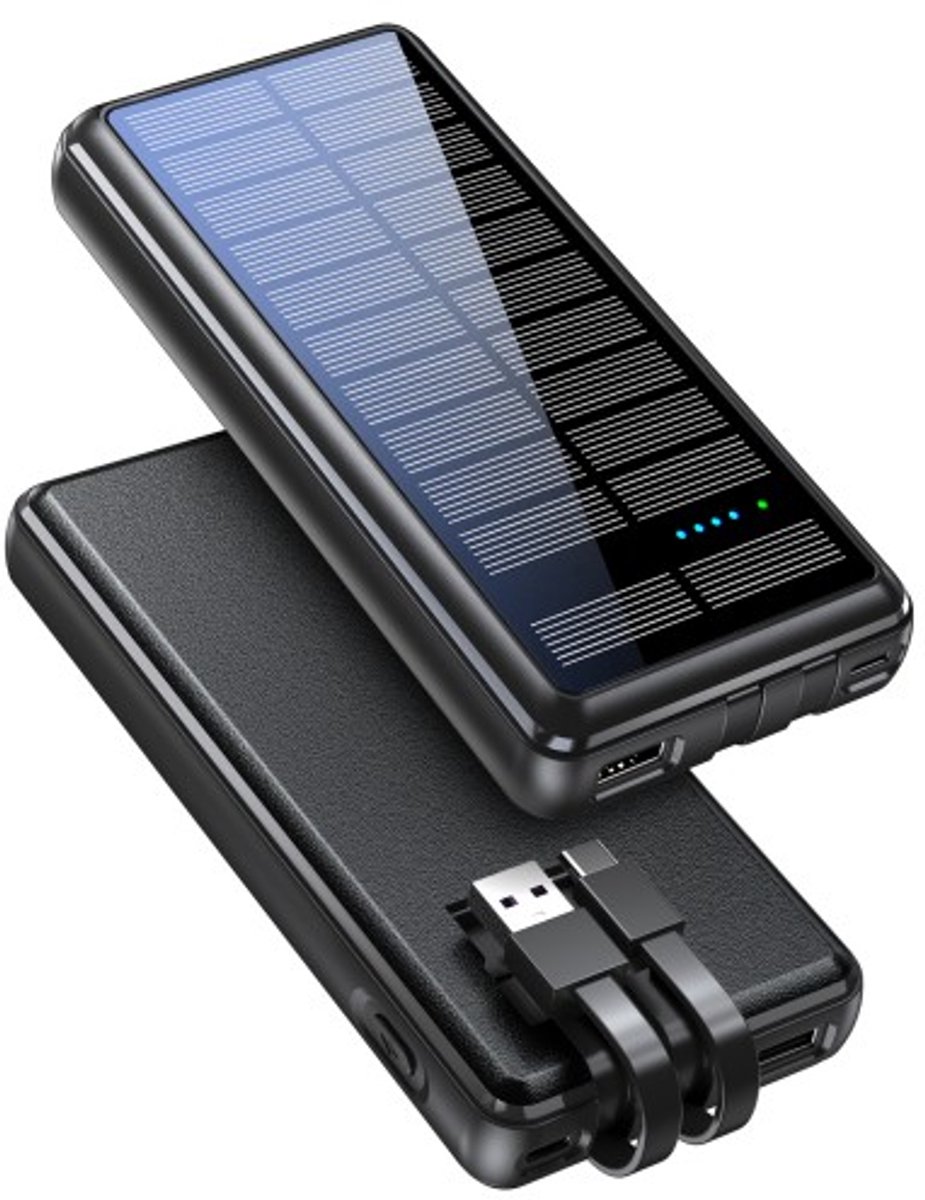 Hipware - Powerbank 20000 mAh - Zonne-energie - Inclusief kabel - Zwart - Inclusief display & 2 ingangen