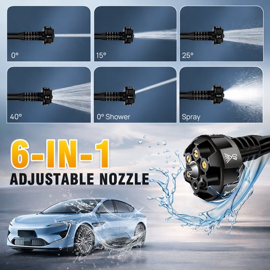Draadloze Hogedrukreiniger - Accu Spuitpistool 21V - 6-in-1 Mondstuk - Autowasser - Tuinreiniger - Met 2 Batterijen 6.0Ah - Incl. Schuimfles - Slang met Filter - Hogedrukspuit - Draagbare Waterreiniger - Elektrisch Reinigingsapparaat van Hofftech — afbeelding 4
