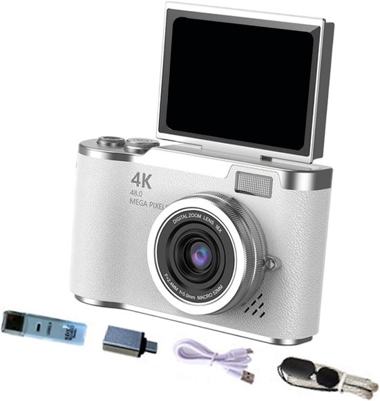 Ynkkvre – 4K Digitale Camera – 4K Ultra HD CCD Digitale Camera – Denver Digitale Camera Full HD – Selfiecamera – 48 Megapixel Lens – 2.4-inch Draaibaar Scherm – 8x Digitale Zoom – Compleet Accessoirepakket – Wit