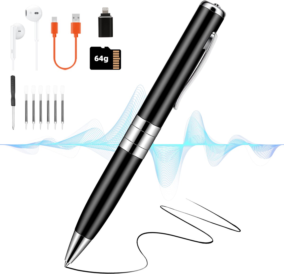 Opnamepen 64GB – Voice Recorder Spraakgestuurde Digitale Audio Recorder met Draaiactivering - Onzichtbaar Design voor Vergaderingen, Interviews en Lezingen