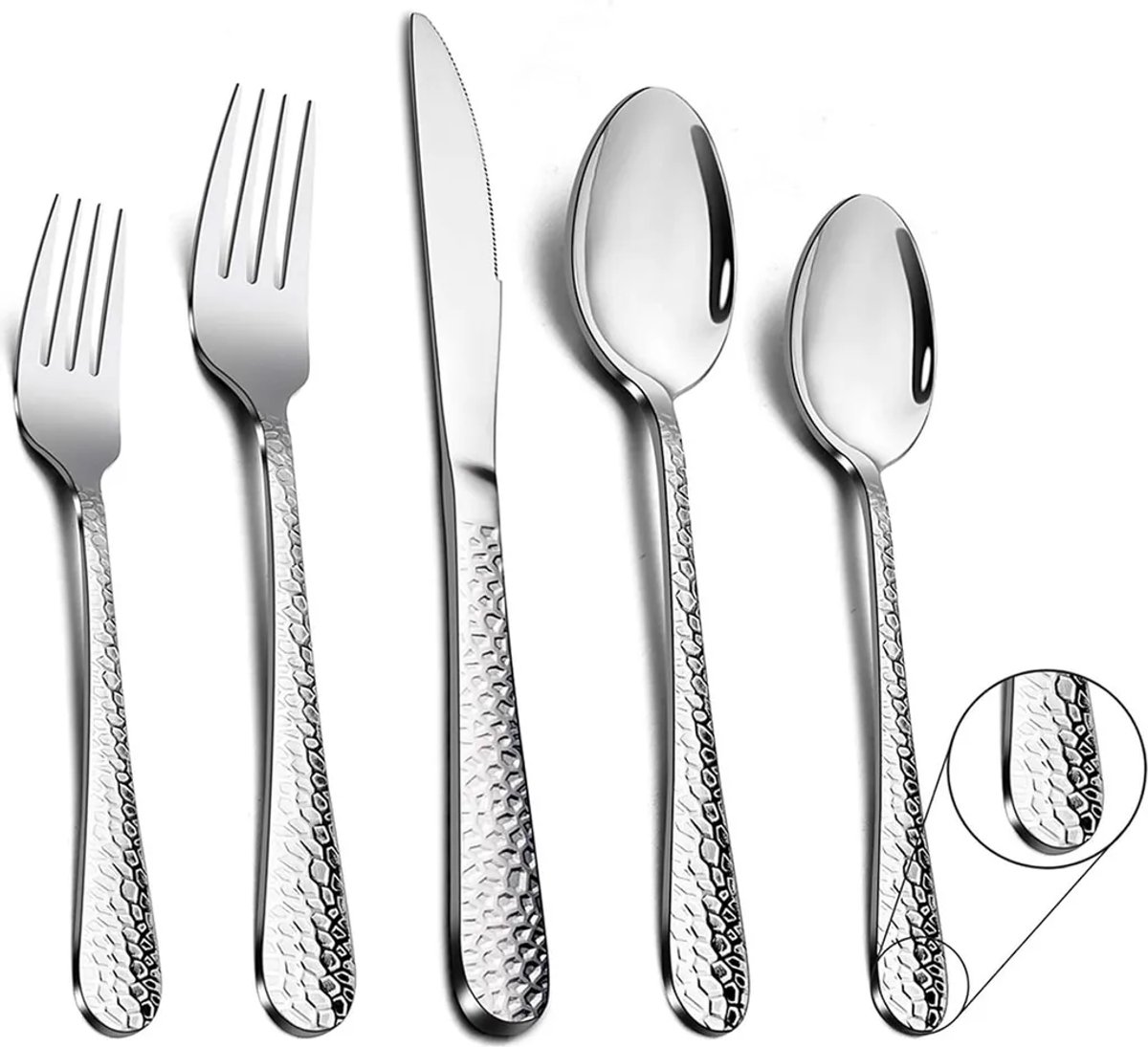 Roestvrijstalen bestekset met gehamerde handgrepen, Geschikt voor thuisgebruik, kamperen en catering. Hoogglans gepolijste afwerking, vaatwasmachinebestendig.