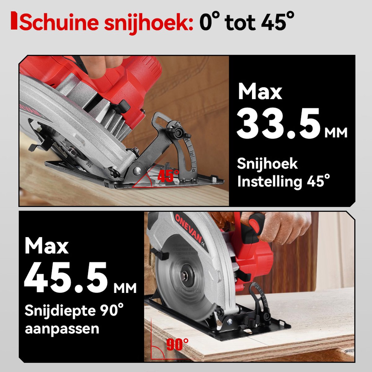 ONEVAN Accu Cirkelzaag - 185 mm Handcirkelzaag - Borstelloze - 9000RPM - invalzaag zaagdiepte 45,5 mm - met 2x accu's - voor het zagen van tegels en hout – foto 8