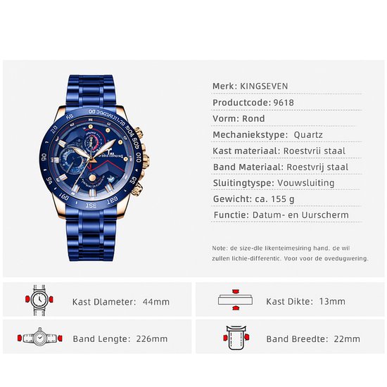Blauw KINGSEVEN herenhorloge met roségouden kast, datumfunctie en vlindersluiting. Kastdiameter 44mm.