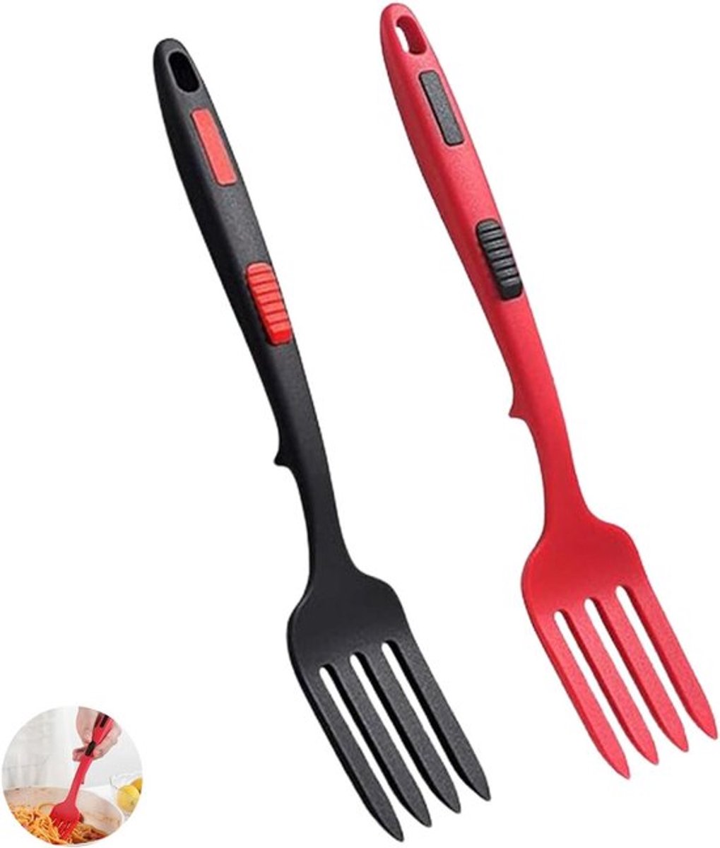 Flexibele siliconen vorken voor serveren - Hittebestendig - Multifunctioneel - Anti-aanbaklaag - Grote vork - Rood & zwart - 2 stuks