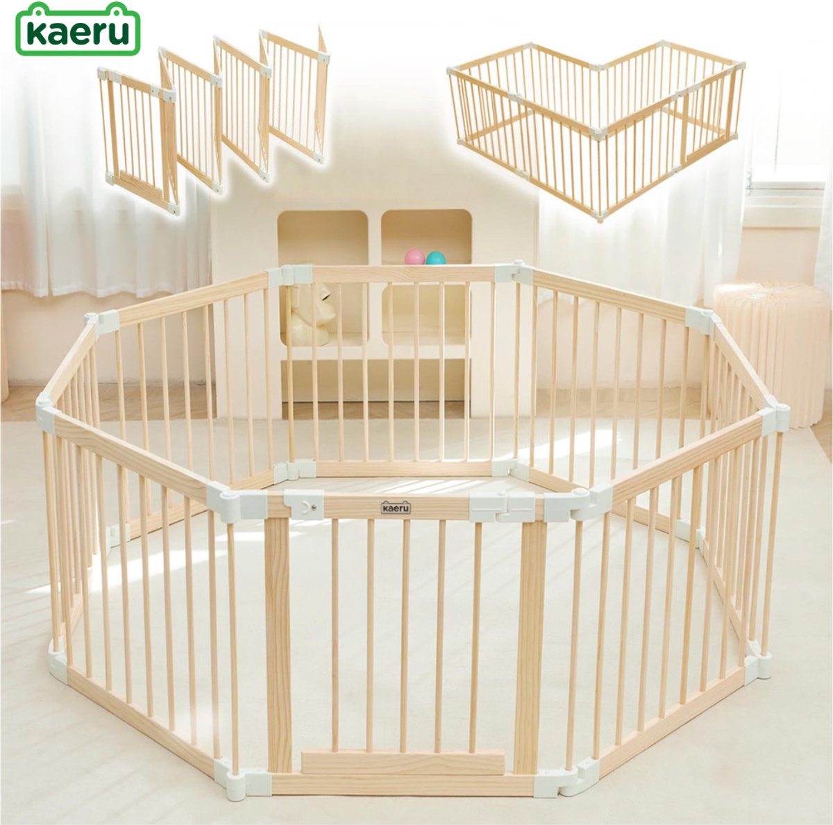 Kaëru® Houten Speelbox – 140×140×61 cm – Grondbox Baby – Opvouwbare Babyren – Nieuw-Zeelands Dennenhout – Wit Kliksysteem – Veilig, Stabiel & Ruim Speelhek – Voor Baby’s, Peuters & Huisdieren