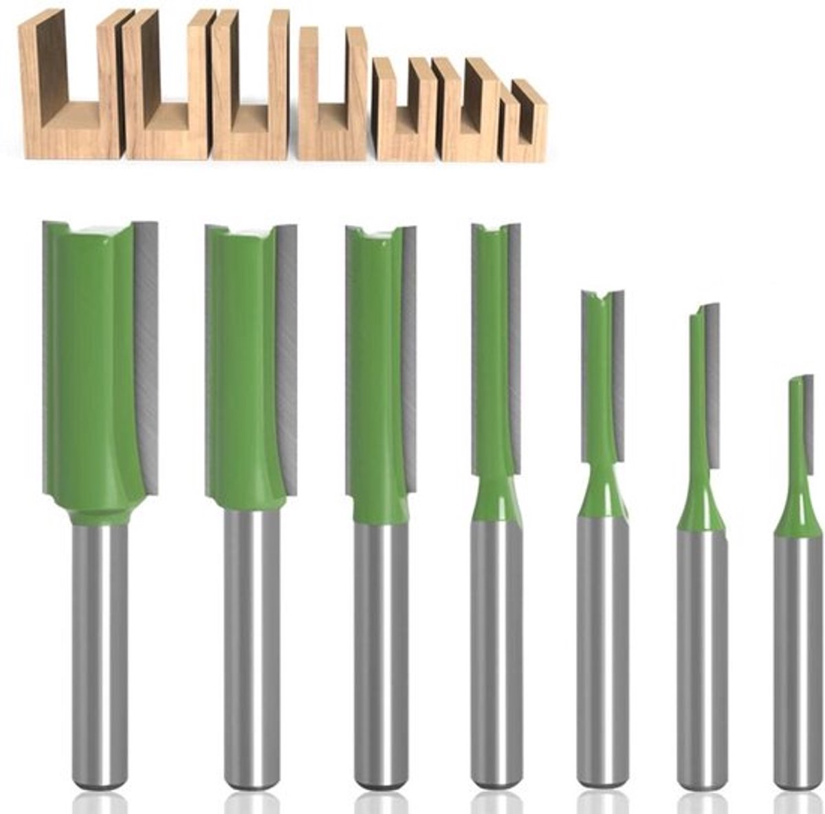 Set van 7 houtfrezen met 6 mm schacht voor groeven van 3-12 mm breed, enkel- en dubbele fluit.