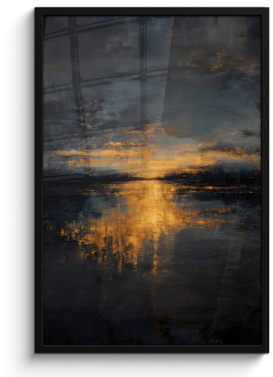 FrameYourWall Poster in lijst - Fotolijst 60x90 cm - Posters - Gouden Reflectie op Water - Posterlijst zwart - Decoratie - Wanddecoratie woonkamer - Muurdecoratie slaapkamer Water - Goud - Reflectie