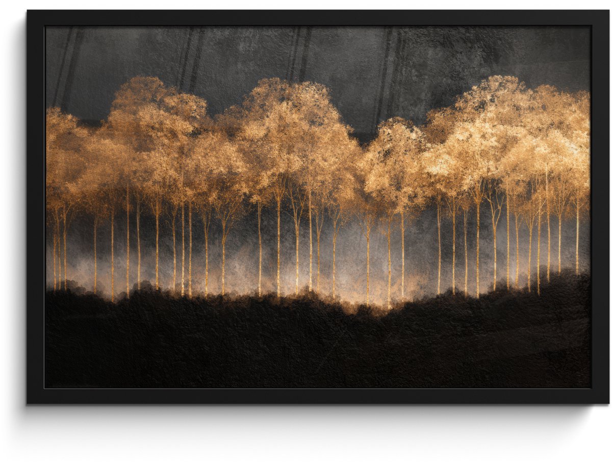 FrameYourWall Poster in lijst - Fotolijst 60x40 cm - Posters - Gouden Bomen in Mistig Landschap - Posterlijst zwart - Decoratie - Wanddecoratie woonkamer - Muurdecoratie slaapkamer Bomen - Mist - Goud
