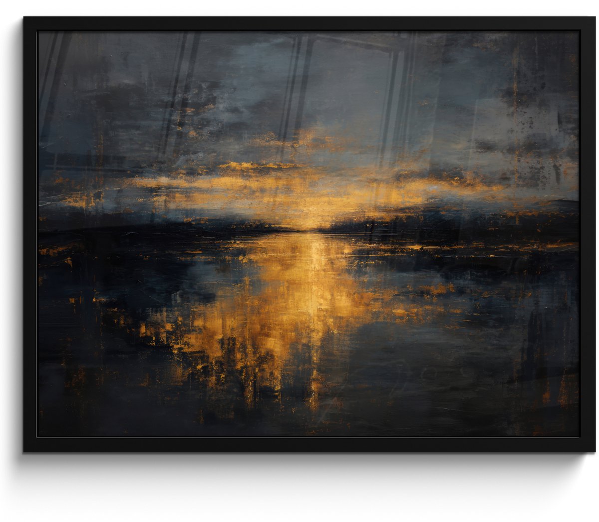 FrameYourWall Poster in lijst - Fotolijst 80x60 cm - Posters - Gouden Reflectie op Water - Posterlijst zwart - Decoratie - Wanddecoratie woonkamer - Muurdecoratie slaapkamer Water - Goud - Reflectie