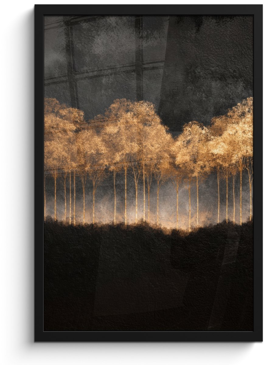 FrameYourWall Poster in lijst - Fotolijst 40x60 cm - Posters - Gouden Bomen in Mistig Landschap - Posterlijst zwart - Decoratie - Wanddecoratie woonkamer - Muurdecoratie slaapkamer Bomen - Mist - Goud