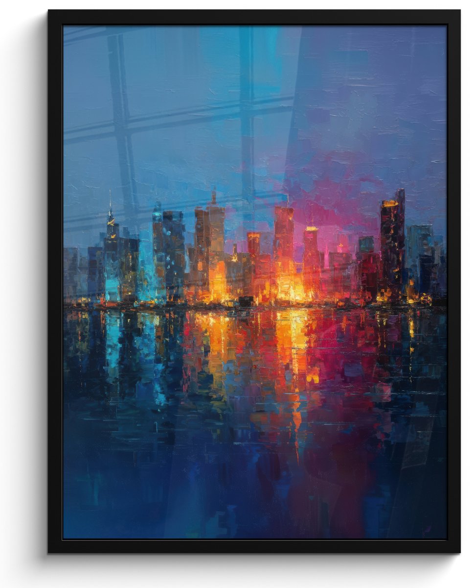 FrameYourWall Poster in lijst - Fotolijst 60x80 cm - Posters - Skyline - Penseelstreken - Donkerblauw - Lichtgevend - Posterlijst zwart - Decoratie - Wanddecoratie woonkamer - Muurdecoratie slaapkamer