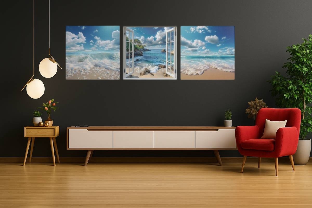 Trendex Global Drieluik Canvas Schilderij Zee en Strand – Open Raam Landschap Wanddecoratie - 3x60x60 cm Blauw