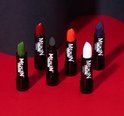 Zes Moon Terror lippenstiften in zwarte hulzen op een rode ondergrond: groen, rood, zwart, oranje, wit en paars.