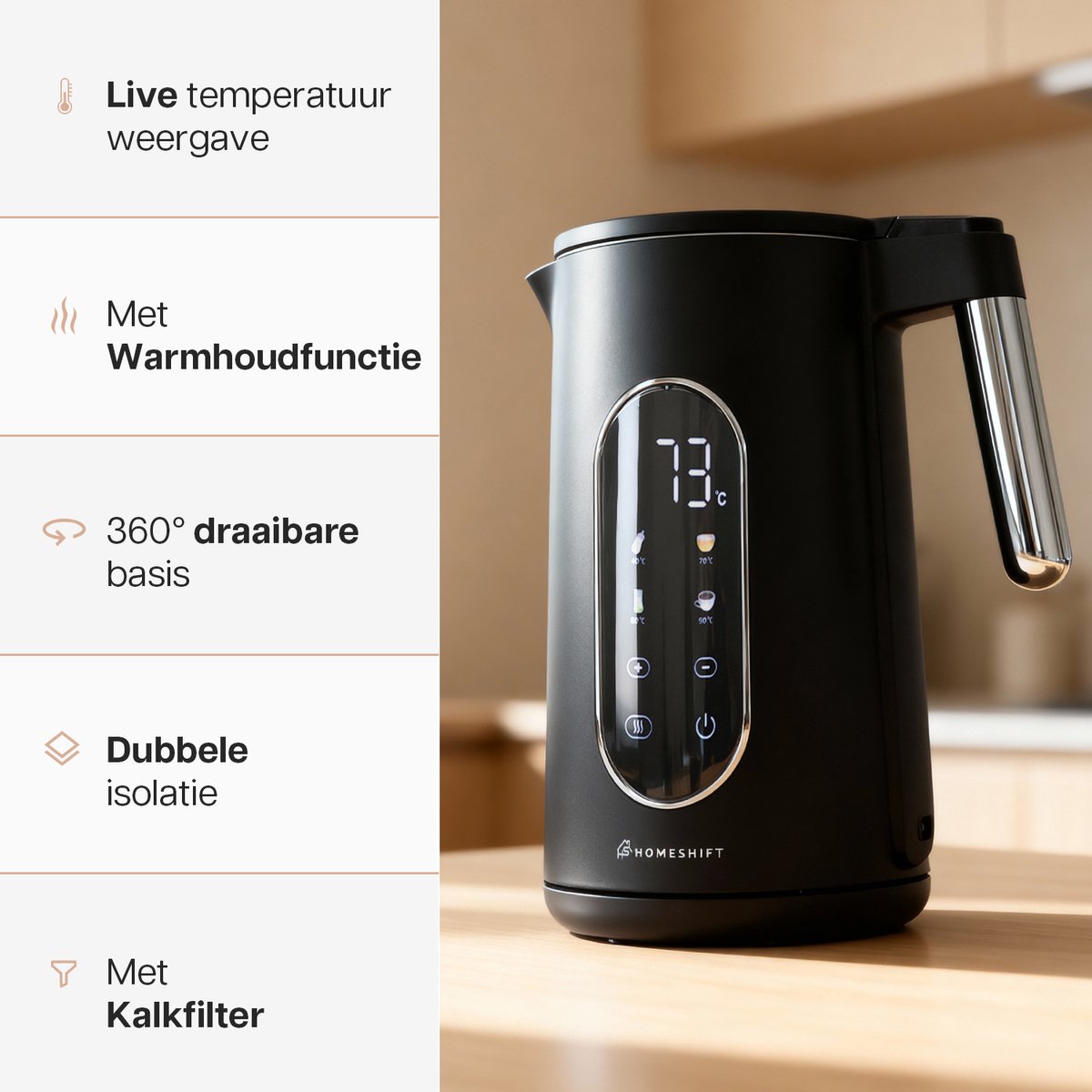 HomeShift® Waterkoker met Temperatuurregeling - Warmhoudfunctie - Dubbelwandig - Elektrisch - 1,7 Liter - 2200W - Zwart – foto 2