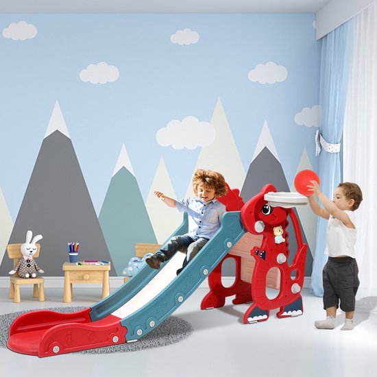 Toboggan pliable 4 en 1 pour tout-petits avec Portique d'escalade et panier de basket - Jeu d'intérieur et d'extérieur - Convient aux Enfants de 1 à 3 ans - Rouge