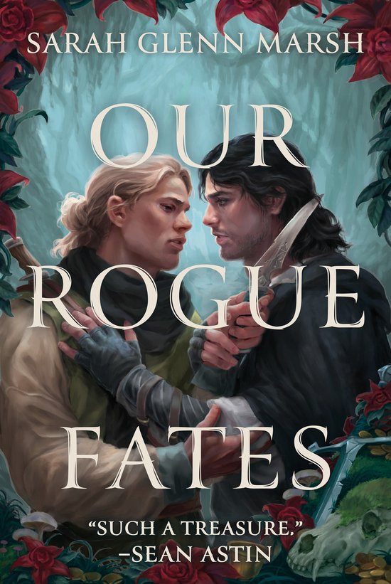 Boekomslag van 'Our Rogue Fates' met twee mannen die elkaar aankijken, omringd door rode bloemen en groen gebladerte.