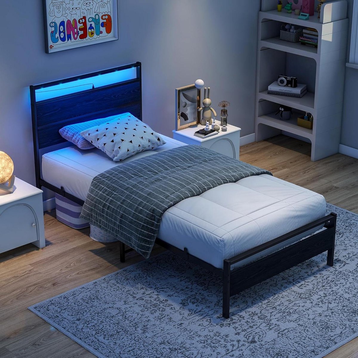 Provento Houten en metalen bedframe met laadstation en ledverlichting - eenpersoonsbed 90 x 200 cm met hoofdeinde en lattenbodem - functioneel en stijlvol. Any