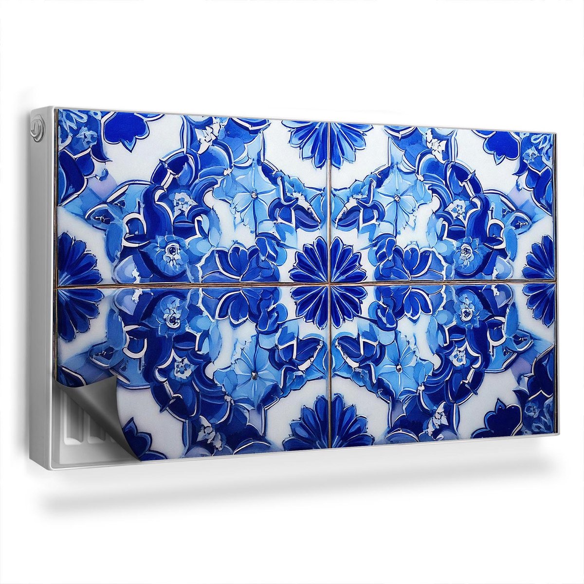 Wallfluent Magnetische Radiatorfolie - Radiatorbeschermer Magnetisch - 110x60 cm - Marokkaanse Patroontegels, Contrast - Radiatorfolie Tot 60°C - Blauw Tegels Radiator Mat Bescherming Tegen Krassen