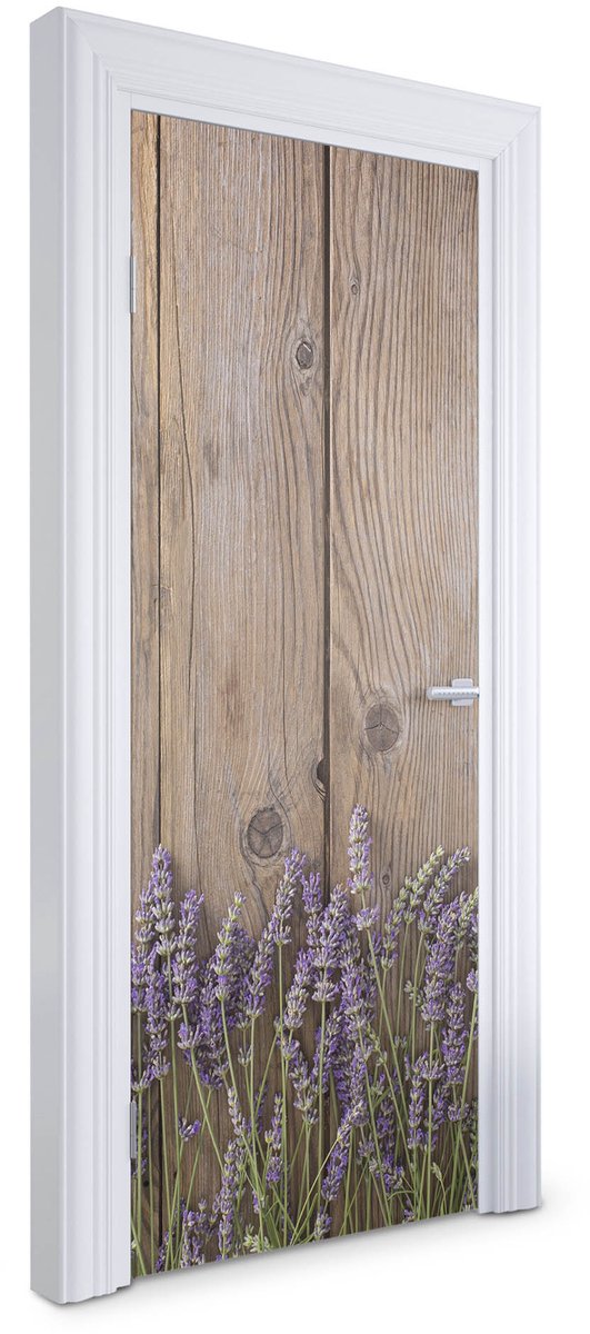 Wallfluent Deursticker - Lavendel op hout Deurbehang - 75 x 205 cm - Bruin Deurposter - Moderne Deur Sticker - Imitatietextuur Deur Sticker - Deursticker voor de Slaapkamer - Deurbehang Sticker