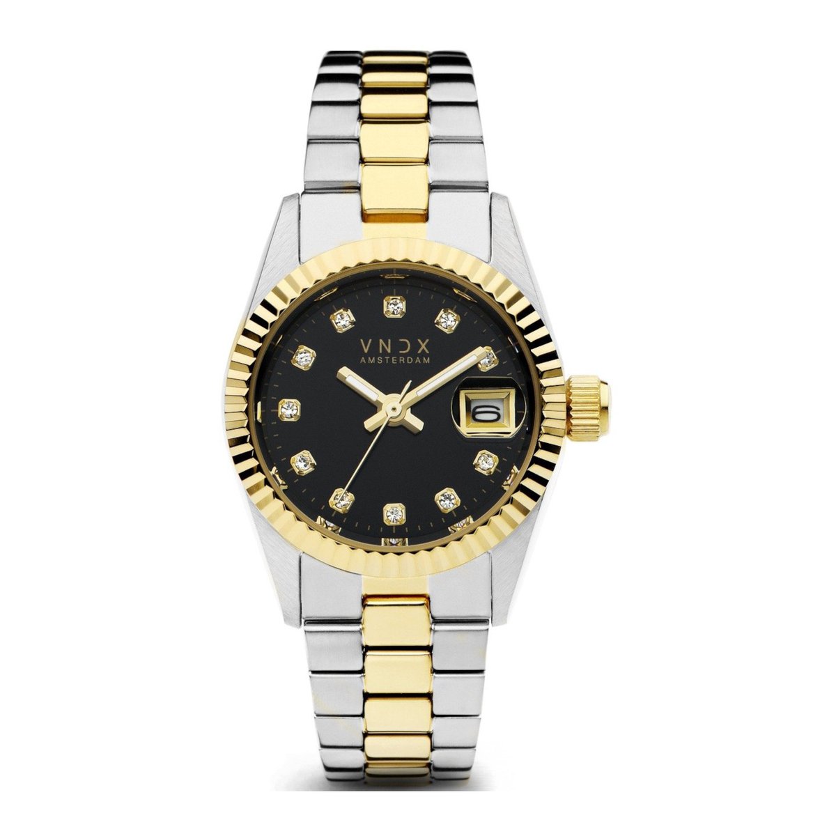 VNDX Amsterdam - Dames horloge - Dare Devil XS - Goud en Zilverkleurig - Zwarte wijzerplaat - Elegant en stoer - 26 mm - MT43002-01
