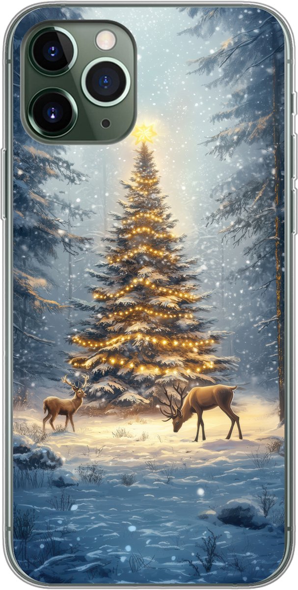 Telefoonhoesje Geschikt voor iPhone 11 Pro hoesje - Kerstlicht - Woud - Hert - Donker - Siliconen Telefoonhoesje Telefoonhoesje