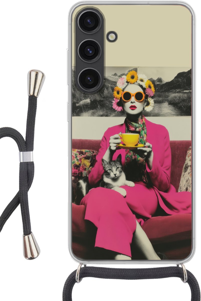 Vrouw - Kat - Bloemen - Kopje - Retro
