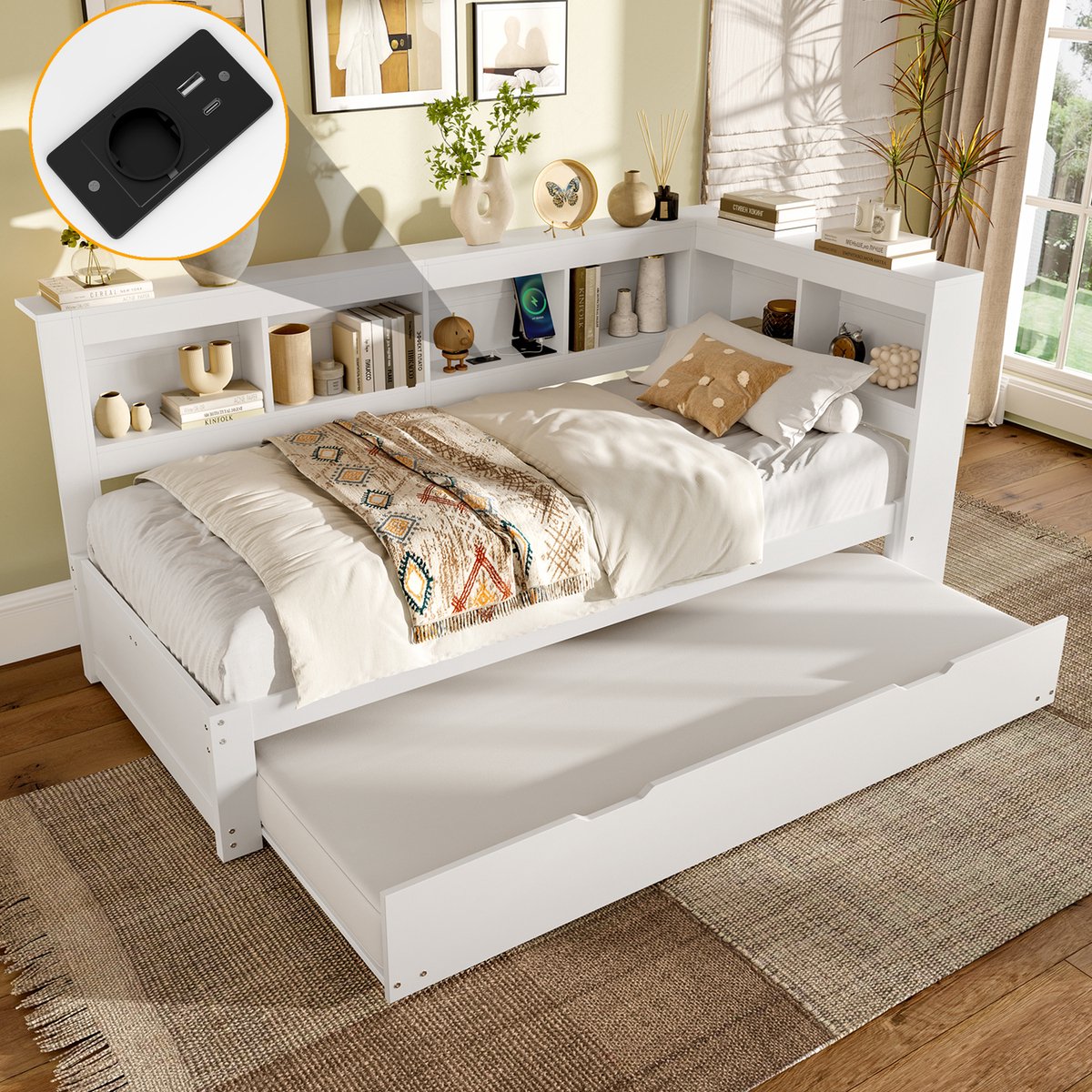 SONNENH Daybed 90x200 cm - Uitschuifbaar bed 90x190 cm - Lattenbodem - Stopcontact en 2 USB-poorten - Grenenhout en MDF - Wit - Veelzijdig ontwerp - Duurzame materialen - 200 kg belastbaarheid