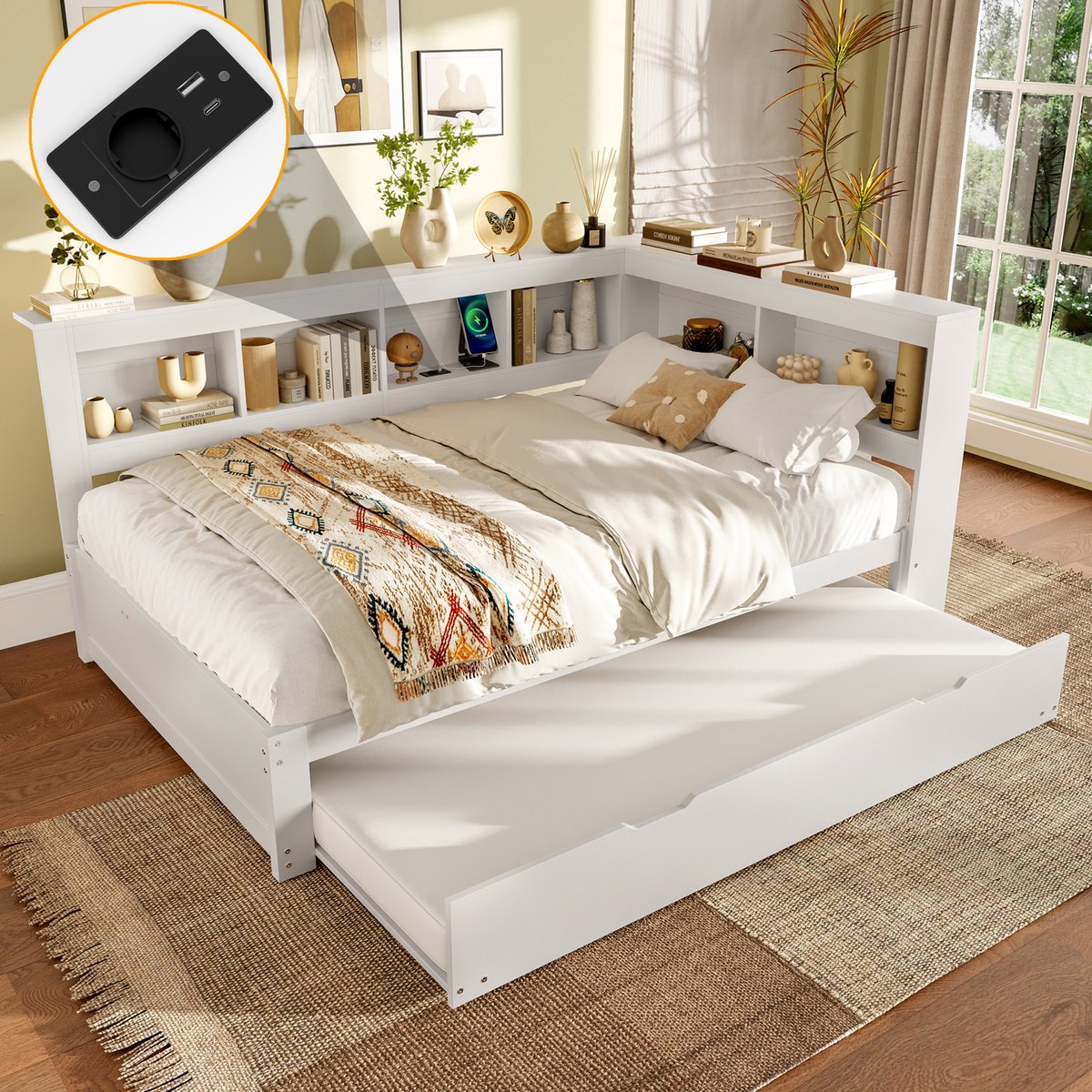 SONNENH Daybett 140x200 cm - Uitschuifbaar opklapbed 90x190 - Inclusief lattenbodem - Stopcontact en 2 USB-poorten - Duurzame materialen - 200 kg belastbaarheid hoofdbed - Optimaliseer uw leefruimte met functionaliteit en elegantie wit
