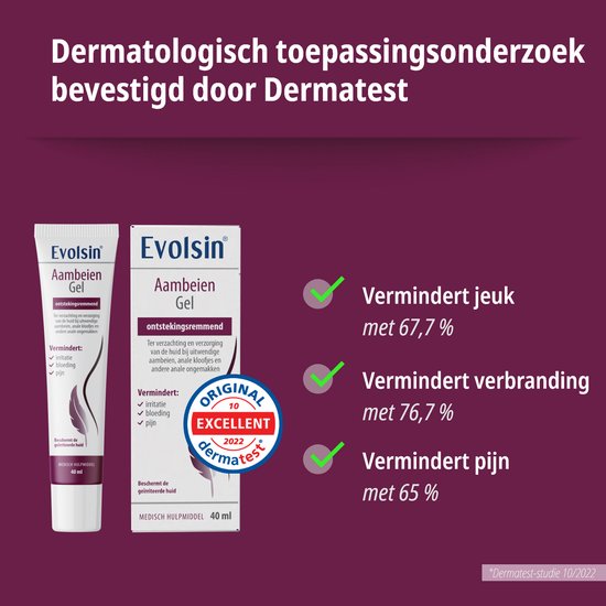 Deux tubes de Gel hémorroïdaire Evolsin, avec sceau Dermatest et résultats: réduit les démangeaisons, brûlures et douleurs.
