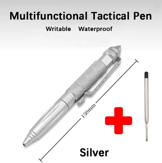 Action4you® - Stylo de défense tactique - Brise-vitre - Stylo à bille - Stylo d'autodéfense - 1 pièce avec recharge supplémentaire - Stylo de Survie - Argent
