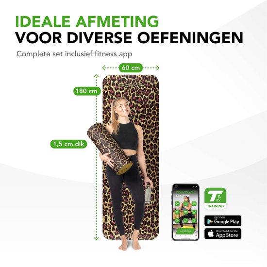 Vrouw met fitnessmat (180x60x1,5cm) met panterprint, naast mobiele telefoon met Tunturi app.