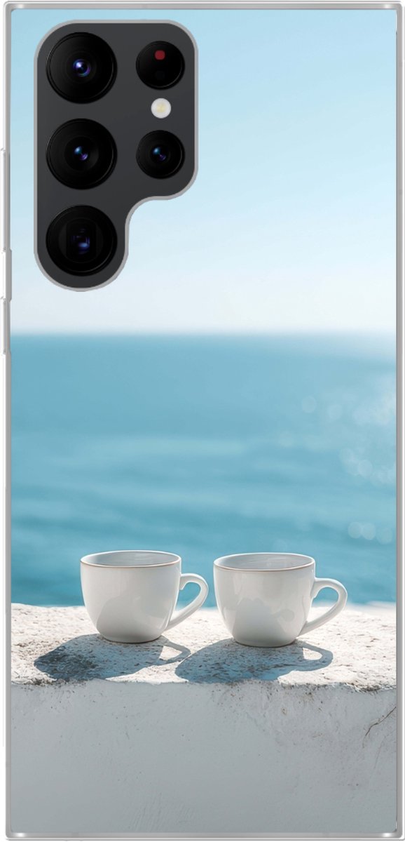Telefoonhoesje Geschikt voor Samsung Galaxy S22 Ultra hoesje - Zee - Koffiekopjes - Zomers - Siliconen Telefoonhoesje Telefoonhoesje