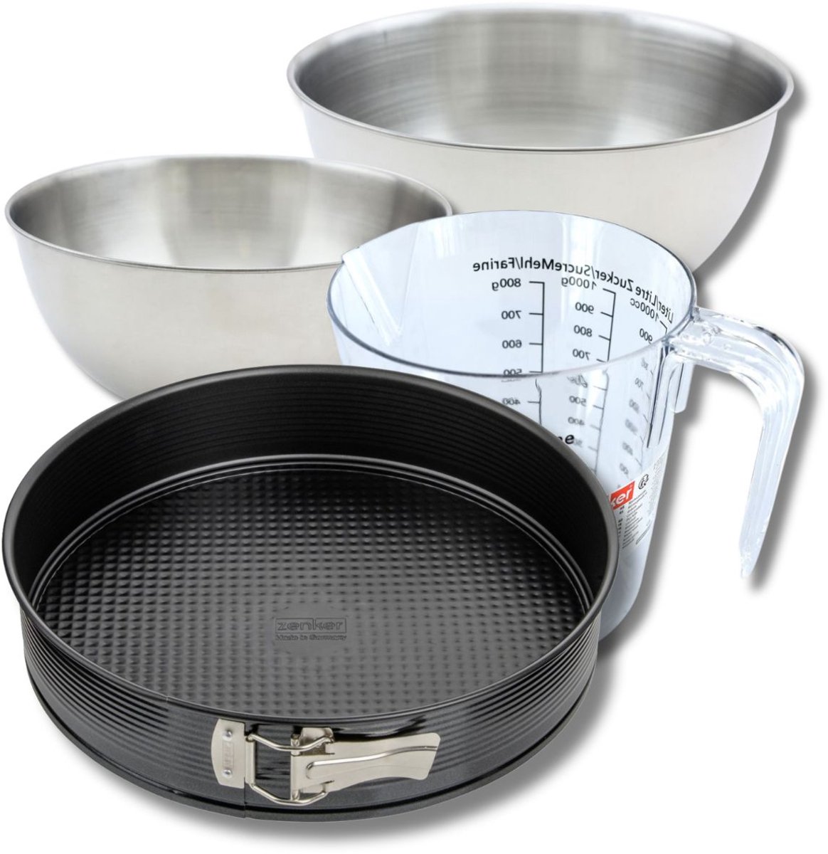 Bakkerset met een springvorm van 30 cm, 2 mengkommen, maatbeker en spatel Zenker
