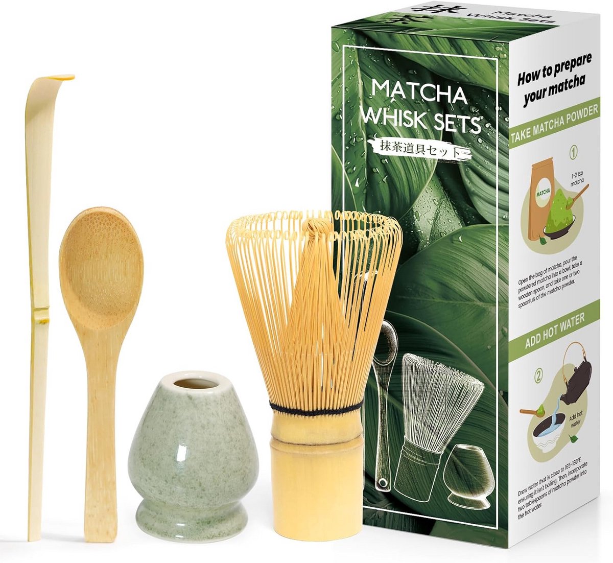 4-delige matcha-set met bamboe garde, lepel en schep - compleet voor theeceremonie