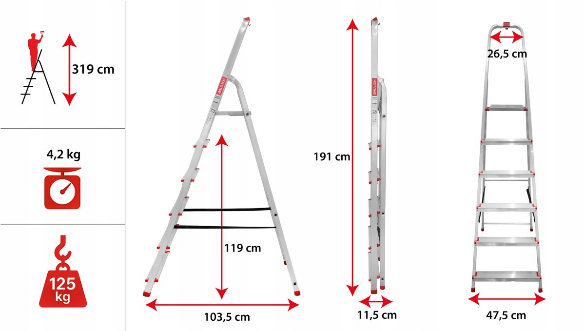Baulich Vouwladder aluminium met haak - 6 treden huishoudladder met antislip - werkhoogte 319 cm, stabiele laddervoeten – foto 8
