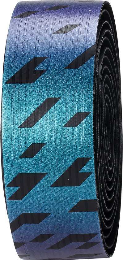 Opgerold zwart stuurlint met blauw-paarse geometrische patronen.